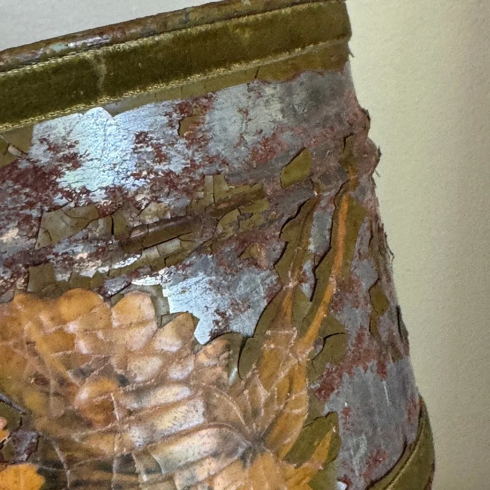 Vintage Primitive Metal Bucket Floral Tin Gingham Lined Rustic Farmhouse Decor